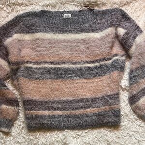 BKE Women's Fuzzy Striped Sweater - Gray and Pink